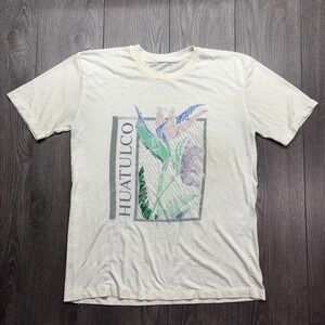 Vintage Mexico Huatulco Flowers 1980s Nature T Shirt White Large Thin